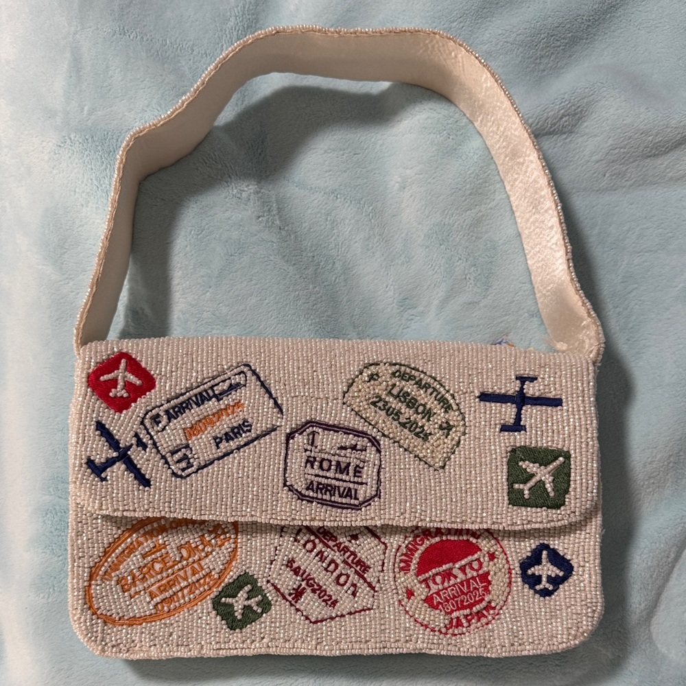 Beaded Passport Stamp Shoulder Bag